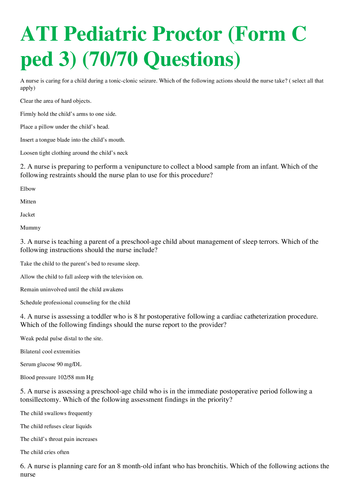 Preview image for ATI Pediatric Proctor (Form C  ped 3) (70/70 Questions)